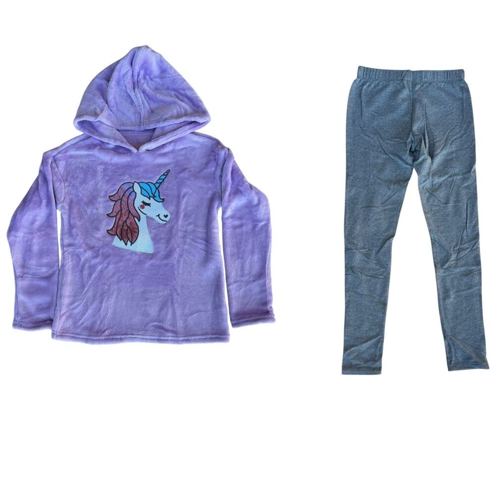 NWT BCBG Girls Lilac Sequin Unicorn Plush Hoodie Grey Leggings Set M 10/12